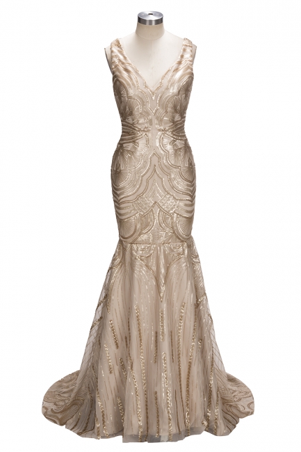 Deep V-neck Champagne Gold Sequins Prom Dresses  Mermaid Sleeveless Sexy Evening Gown FB0007