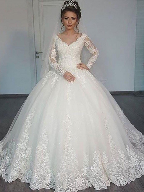 Affordable Long Sleeves Court Train Tulle Puffy V-neck Wedding Dresses | Bridal Gowns On Sale