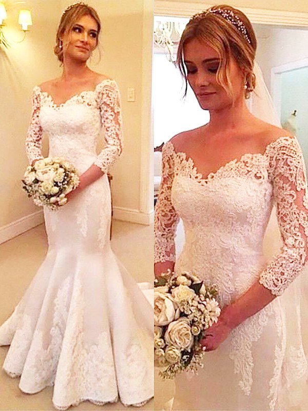 Stunning Off-the-Shoulder Mermaid Wedding Dresses Satin Lace 3/4 Sleeves Bridal Gowns with Court Train On Sale