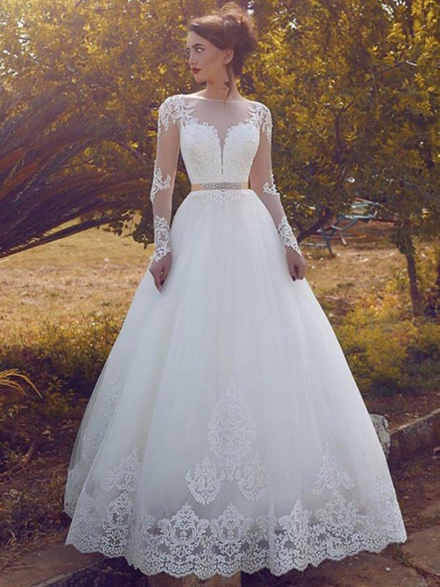 Chic Sleek Tulle Floor-Length Long Sleeves Puffy Bateau Wedding Dresses | Bridal Gowns On Sale