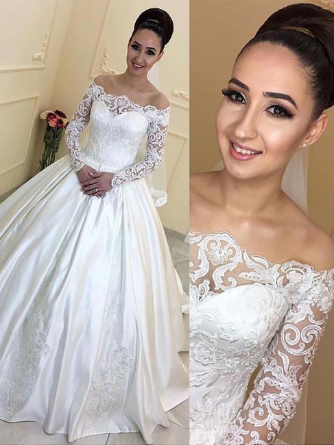 Gorgeous Off-the-Shoulder Satin Lace Wedding Dresses Appliques Long Sleeves Court Train Bridal Gowns On Sale