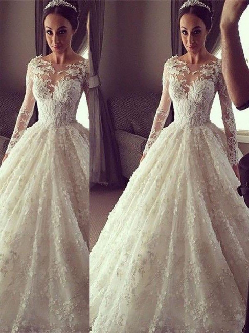 Alluring Scoop Lace Court Train Ivory Wedding Dresses Long Sleeves Appliques Bridal Gowns On Sale