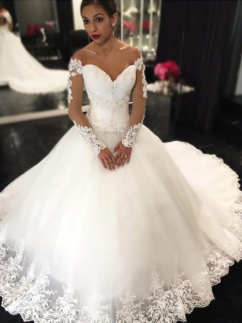 Off-the-Shoulder Tulle White Wedding Dresses Applique Sleeveless Sweetheart Bridal Gowns On Sale