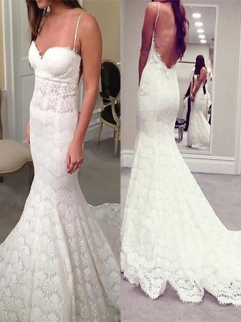 Attractive Spaghetti Straps Mermaid Lace Wedding Dresses Sweetheart Sleeveless Appliques Bridal Gowns On Sale