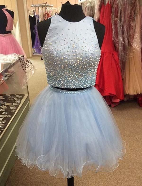 Two Piece A-Line Beading Jewel Tulle Teenage Mini Online Prom Dress Sale | Suzhoudress UK