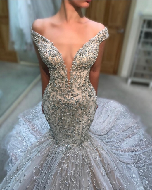 Alluring Off-the-Shoulder Tulle Beaded Mermaid Wedding Dresses Sexy Deep V-Neck Sleeveless Bridal Gowns Online