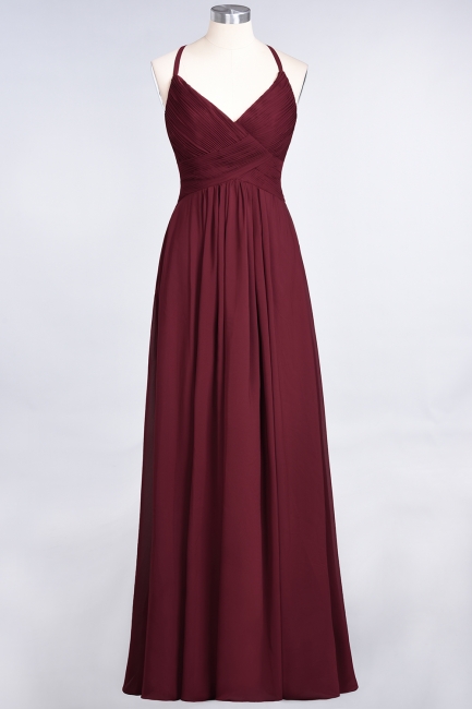 A-line Chiffon Spaghetti-Straps V-Neck Summer Floor-Length Bridesmaid Dress UK with Ruffles