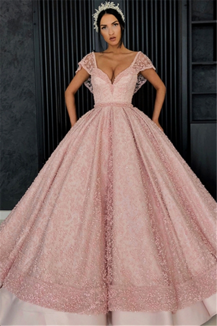 Beading V-Neck Cap-Sleeves Prom Dress UK