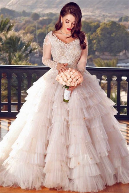 Affordable Pink Tulle Ruffle Lace Appliques Wedding Dresses V-Neck Long Sleeves Rhinestones Bridal Gowns On Sale