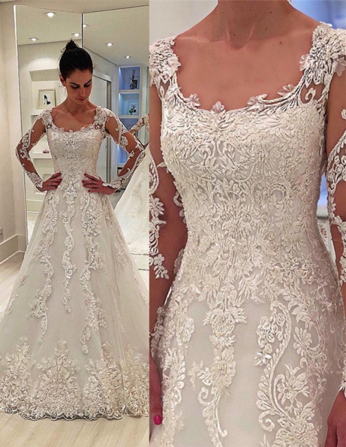 Unique Long Sleeves Appliques Square Neck A-Line Wedding Dress | Bridal Gowns Online