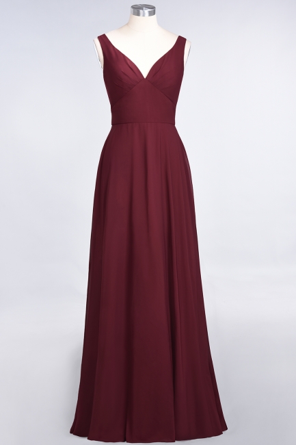 A-line Chiffon V-Neck Straps Summer Ruffles Floor-Length Bridesmaid Dress UK with Open Back