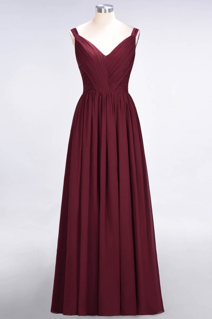 A-line Chiffon Straps V-Neck Summer Backless Floor-Length Bridesmaid Dress UK with Ruffles