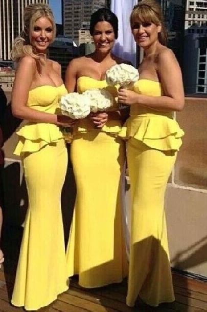 Mermaid Bright Yellow  Wedding Party Dress Ruffles Long Peplum Bridesmaid Dresses