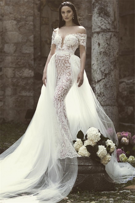 Glamorous Mermaid Off-the-Shoulder V-Neck Appliques Tulle Wedding Dresses | Bridal Gowns Online