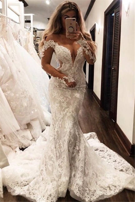 Elegant Mermaid Off-the-Shoulder Wedding Dresses Long-Sleeves V-Neck Appliques | Bridal Gowns Online