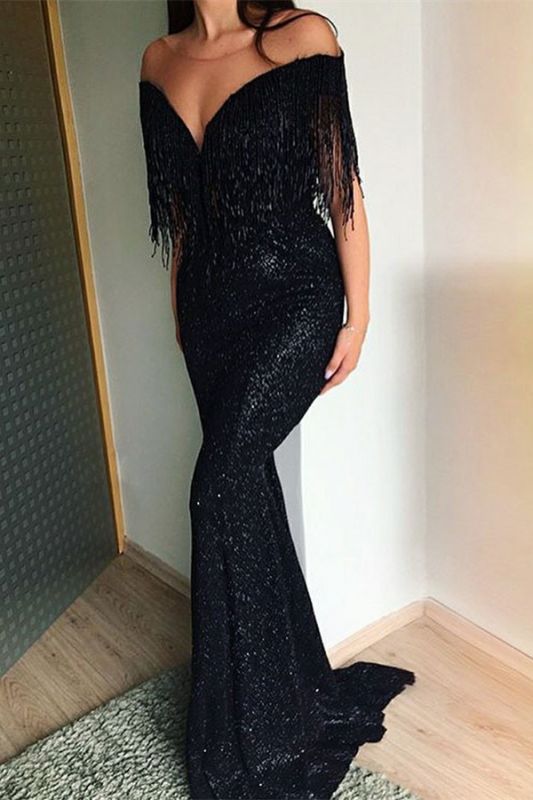 Black Sequins Trumpet Evening Gowns |  Tassels Sweep-Train Long Prom Dresses | Suzhou UK Online Shop