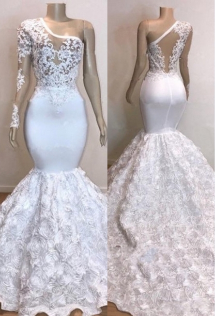 One Shoulder Lace Appliques Trumpet Prom Dresses with sleeve | Suzhou UK Online Shop