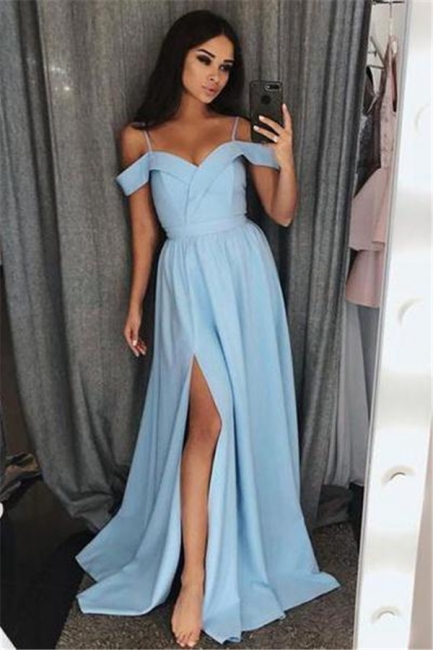 Glamorous Off-the-Shoulder Ruffle Prom Dresses | Side slit A-Line Sleeveless Evening Dresses