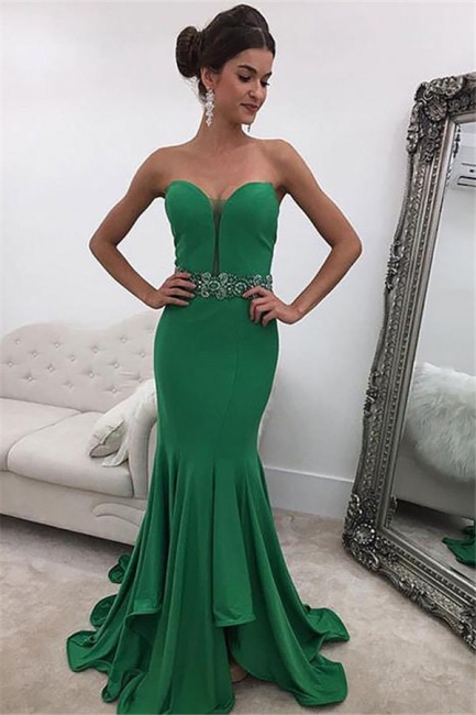 Vestidos de formatura de cristal verde Sweetheart | Ruffles Mermaid Sleeveless Evening Vestidos