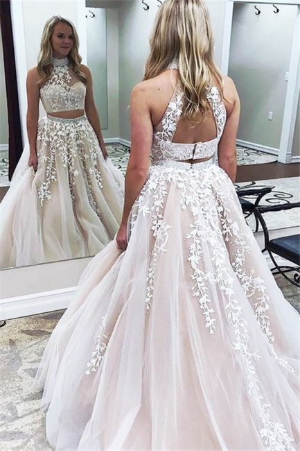 Glamorous Halter Two Piece Lace Appliques Prom Dresses | Lace Up Crystal Evening Dresses with Beads