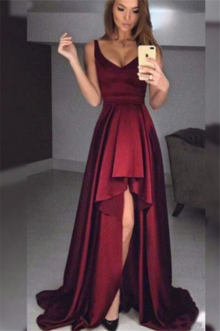 Burgundy V-Neck Ruffles Prom Dresses Hi-Lo Sleeveless Sexy Evening Dresses