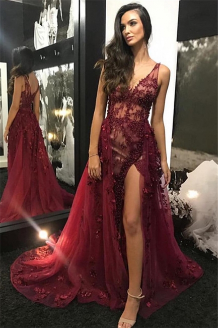 Wine Red Straps Sexy Low Cut Lace Beading Side-Slit Quality Tulle Detachable Princess A-line Evening Gown | Suzhou UK Online Shop