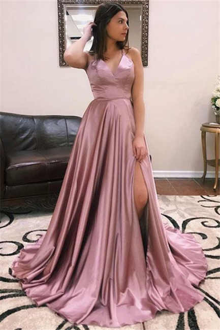 Princess A-line Sexy Low Cut Summer Sleeveless Front Slit Long Prom Dresses | Suzhou UK Online Shop