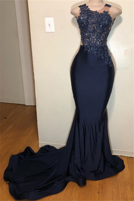 Dark Blue Straps Summer Sleeveless Applique Trumpet Prom Dress | Suzhou UK Online Shop