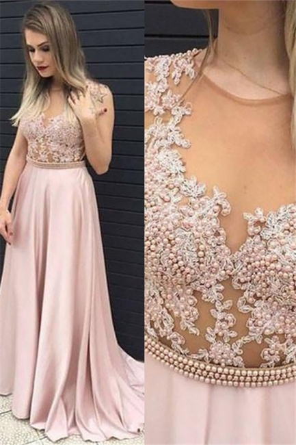 Jewel Beads Lace Appliques Prom Dresses | Pink Sleeveless Tulle Evening Dresses