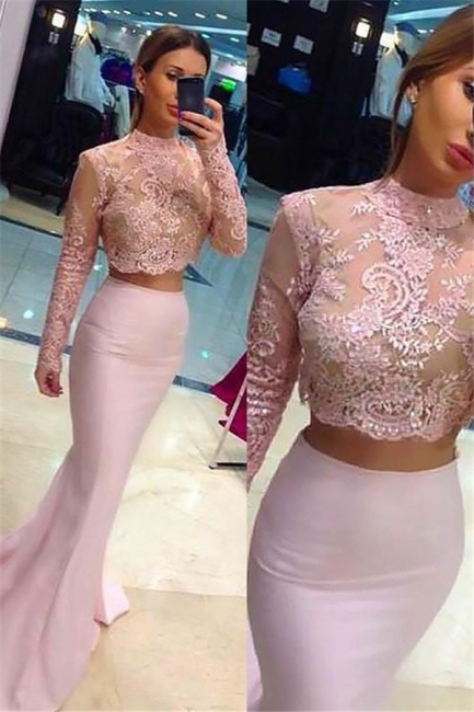 Glamorous High Neck Lace Appliques Long Sleeves Prom Dresses | Sexy Mermaid Pink Lace Two Piece Evening Dresses