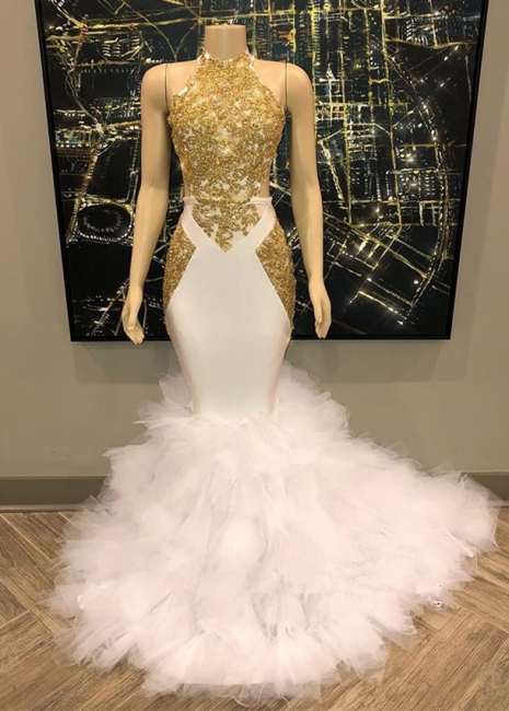 Summer Sleeveless Golden Appliques Quality Tulle Button Trumpet Prom Dresses | Suzhou UK Online Shop