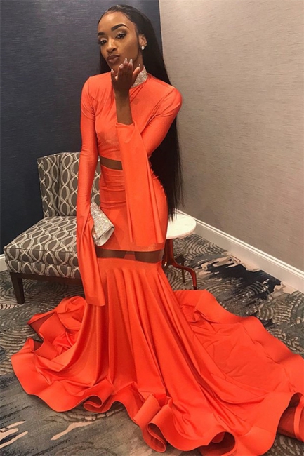 Sexy Orange Sleeved High-Neck Trumpet Long Prom Dress | Suzhou UK Online Shop