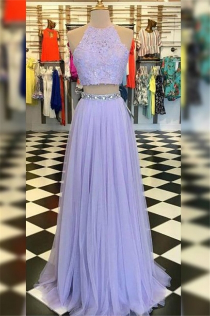 Glamorous High Neck Crystal Applique Prom Dresses Tulle Two Piece Sleeveless Sexy Evening Dresses