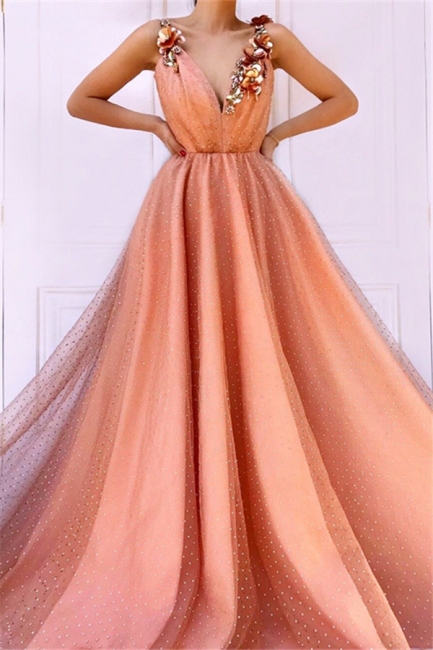 Orange Flower Appliques Straps Summer Sleeveless Quality Tulle Princess A-line Prom Dress | Suzhou UK Online Shop