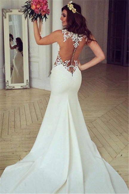 Sheer Back Lace Buttons Wedding Dress  Mermaid Sleeveless Sexy Bridal Gowns BA3691