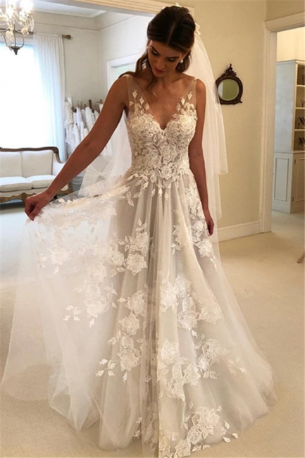 Elegant Sleeveless Appliques Wedding Dresses |  A-line V-Neck Bridal Gowns