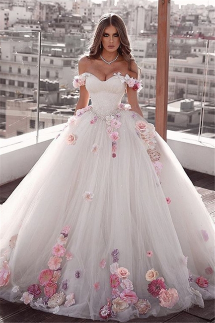 Stylish Off-The-Shoulder Ball-Gown Wedding Dresses with Flower | Bridal Gowns Online