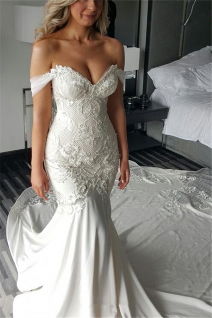 Delicate Lace-Appliques Mermaid Off-the-shoulder Train Wedding Dress