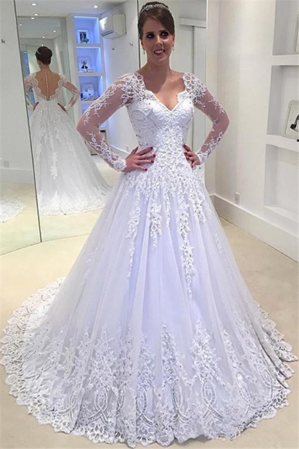 V-Neck Appliques Long-Sleeves Elegant Tulle A-Line Beadings Wedding Dress