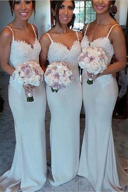 Spaghetti Strap Mermaid Floor Length Bridesmaid Dresses Open Back Lace Wedding Party Dresses BO9564