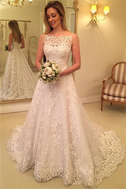 Lace Spaghetti-Straps Wedding Dress  | Sweep-Train Sleeveless Bridal Gows with Buttons