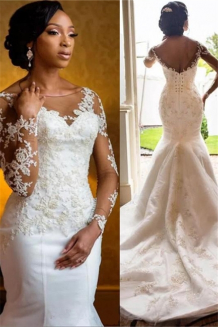 Mermaid Lace Wedding Dresses  | Open Back Long Sleeve Sexy Wedding Dresses