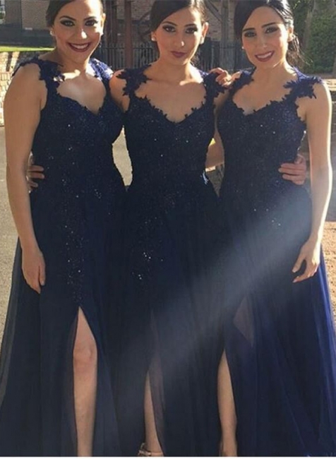 Side-Slit Lace-Appliques Navy-Blue A-line Chiffon Bridesmaid Dresses BA4993