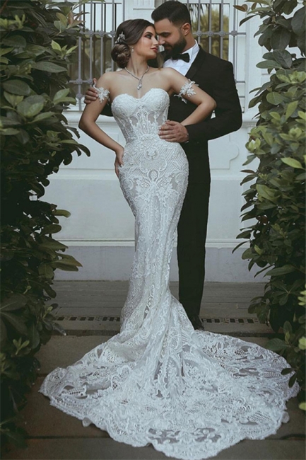 Mermaid Lace Wedding Dress  | Sexy Court Train Sweetheart Bridal Gowns with Sleeve Decorations