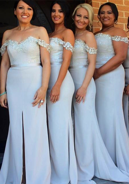 Lace Appliques Off-the-shoulder  Bridesmaid Dresses  Wedding Party Dress with Front Slit BA3346