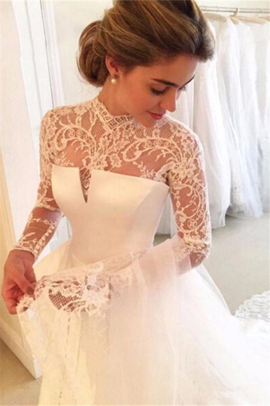 Zipper Lace Elegant High-Neck A-line Long-Sleeve Wedding Dress