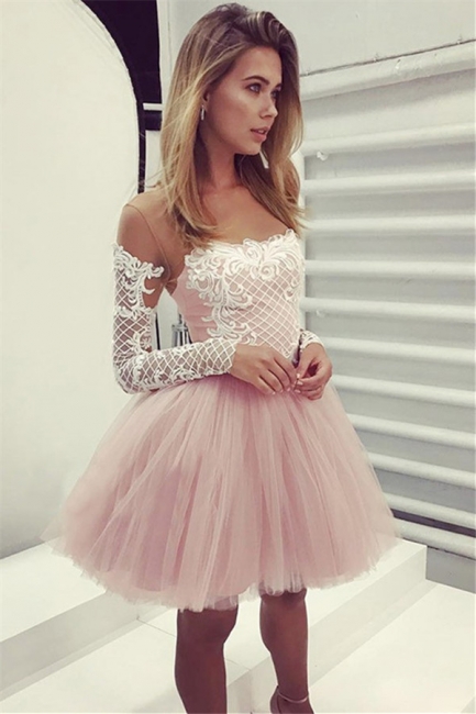 Glamorous A-Line Pink Hoco Dresses | Short Lace Long Sleeves Homecoming Dresses