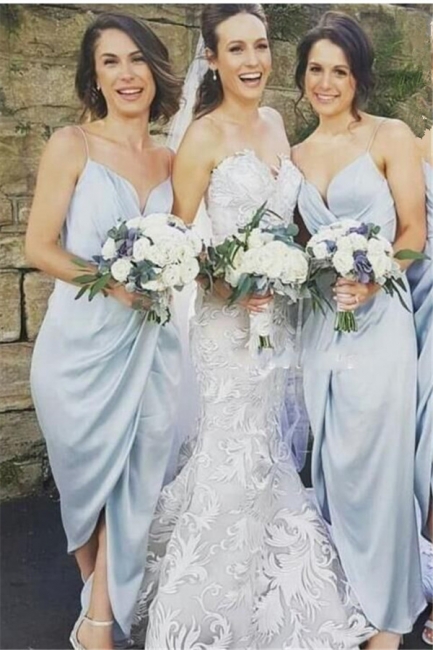 Spaghettis-Straps Slit Sky-Blue Ruffles Sheath Bridesmaid Dresses BA6197