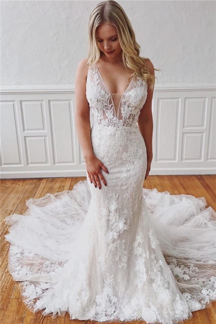 Vestidos de novia de sirena con escote en V, encaje y tirantes finos y glamorosos | Vestidos de novia online