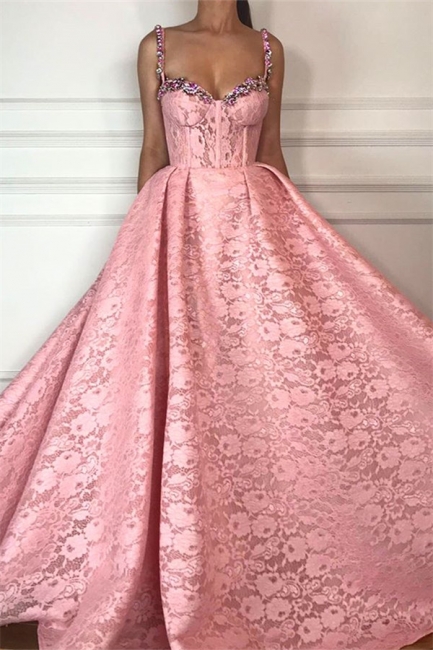 Simple Beadings Straps Sweetheart Lace Prom Dress Sleeveless Pink Appliques Evening Dresses